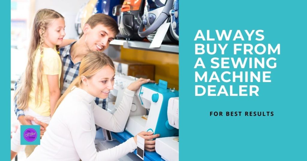 Family purchasing a sewing machine from a shop