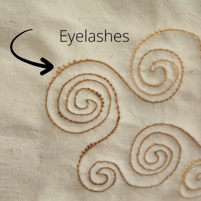 Swirl free motion quilting with brown thread on a beige fabric