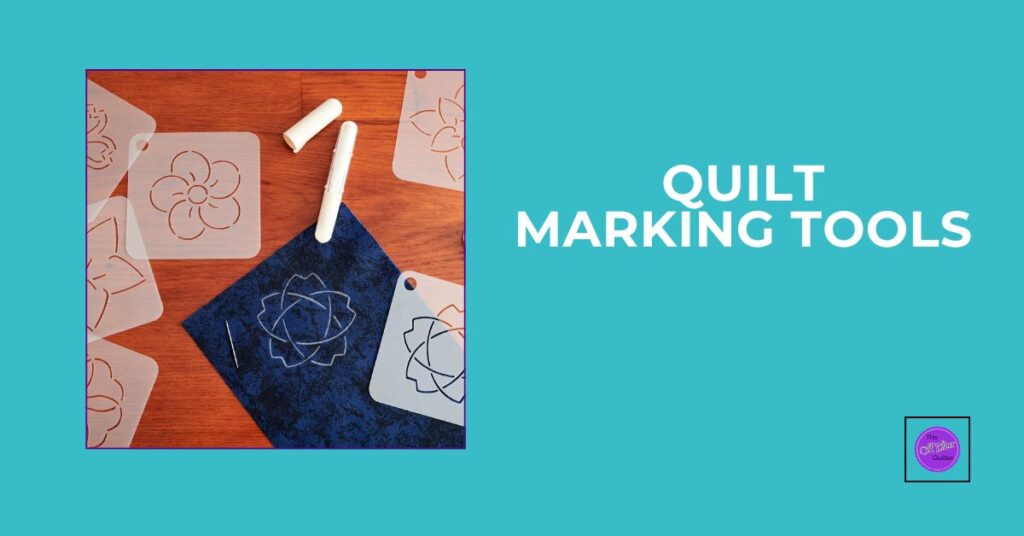 Navy fabric with various stencils and a white Chaco marker. The marker has been used on the fabric. Text reads Quilt Marking Tools